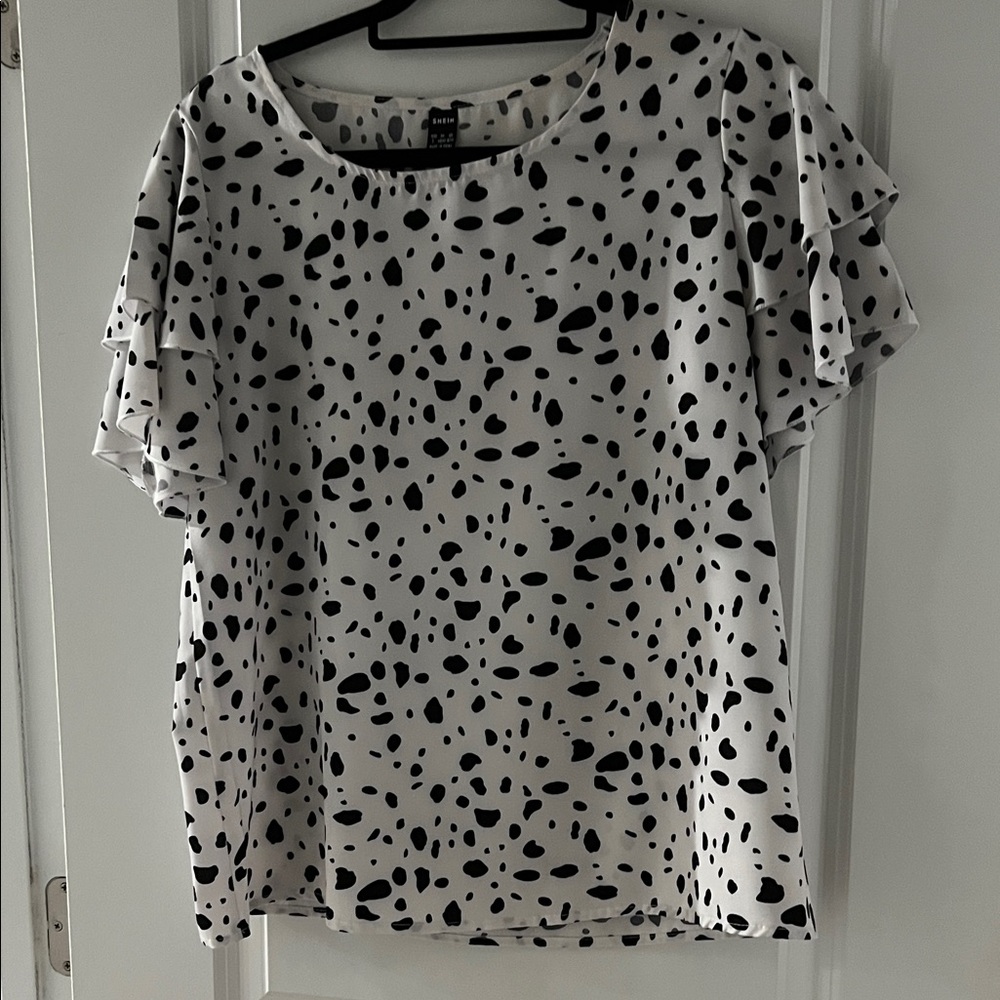 SHEIN White Top with Black Spot Print and Ruffle Sleeves
